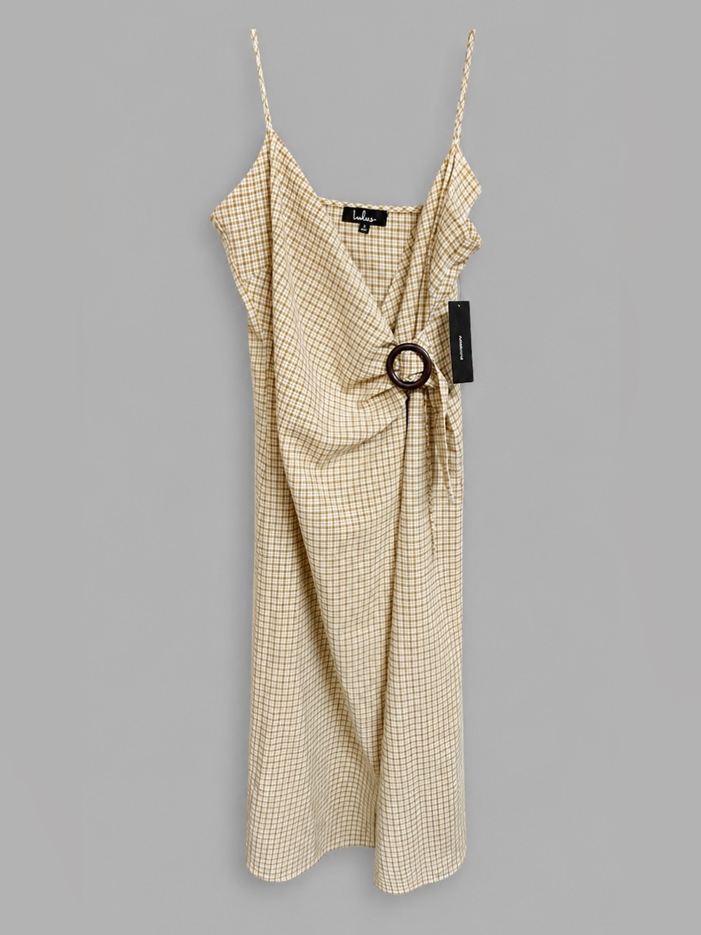 Lulus Sunshine On the Mind Mustard Yellow Gingham Wrap Midi Dress Large NWT - Picture 4 of 9